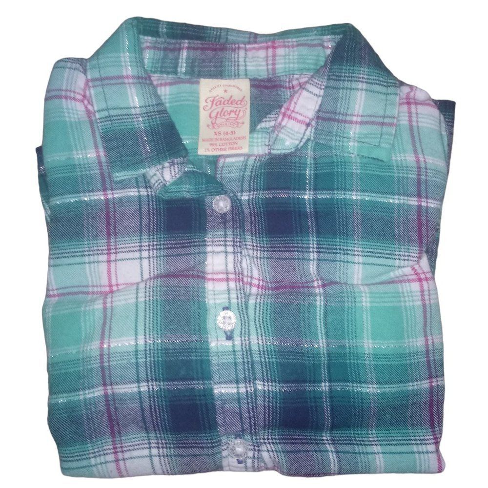 Faded Glory Girls XS 4/5 Green Blue Plaid Cotton Flannel Long Sleeve Shirt